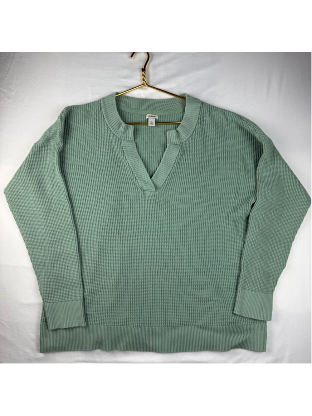 LL Bean Sunwashed Waffle Sweater Cotton 1X Plus Green SplitNeck Pullover Cozy